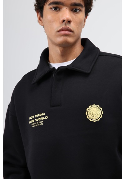 Vamos Polo Yaka Oversize Baskılı Yıkamalı Sweatshirt Siyah