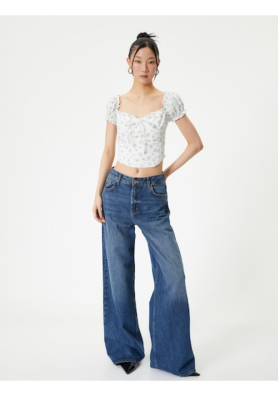 Koton Çiçekli Balon Kol Bluz Crop Fiyonklu Fırfır Detaylı Mavi Desenli 4sal60168ıw
