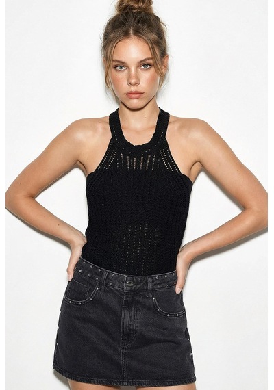 Shade Kadın Halter Yaka Ajurlu Triko Bluz 60261508 - Siyah