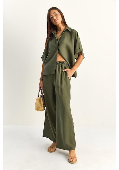 Shade Kadın Oversize Kısa Kol Gömlek Beli Lastikli Geniş Paça Pantolon Takım 7651 60286138 - Haki