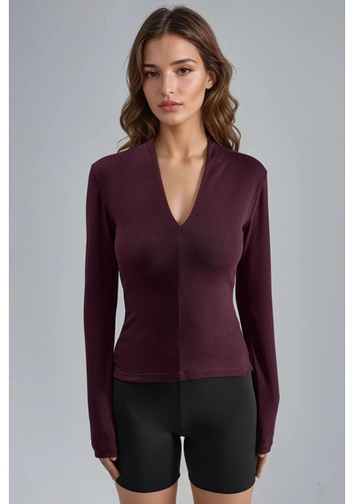 Hiccup Busem Slim Fit V Yaka Uzun Kollu Bluz Leylak Moru