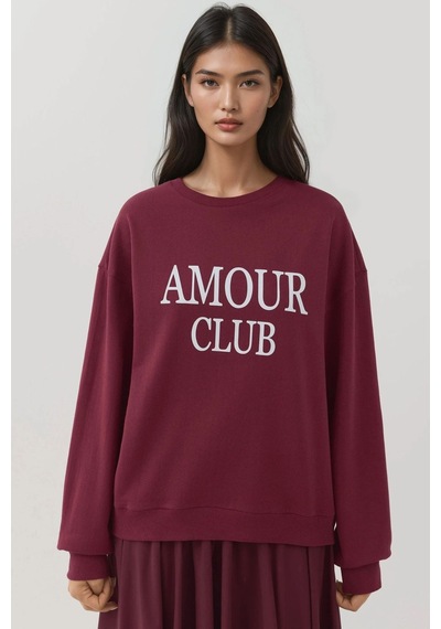 Hiccup Baskılı Yuvarlak Yaka Rahat Kesim Sweatshirt Tuğla Kırmızısı