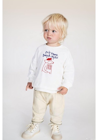 Monila Unisex Çocuk Baskılı 3 İplik Pamuklu Kumaş Sweatshirt Ekru