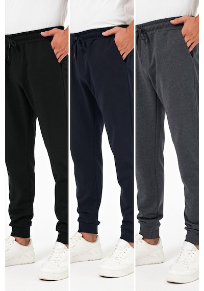 Comeor Kalın Siyah-lacivert-antrasit Erkek 3'lü Eşofman Altı Jogger Arka Cepli Paça Lastikli Regular Fit Şardonsuz Cmre97 Çok Renkli