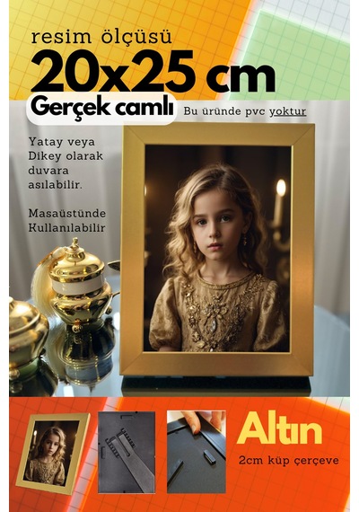 Fırçalı Altın-20mm Çerçeve Camlı 20x25 Cm Fotoğraf Resim Çerçevesi Ayaklı Veya Duvara Asma Yatay-dikey 50248138