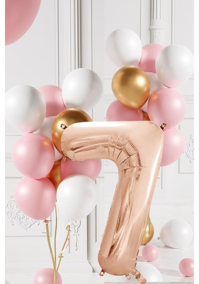 7 Yaş Retro Gold Pembe Beyaz Balon Seti Rose Gold Rakamlı Doğum Günü Balonu Şık Parti Süsleme Çok Renkli
