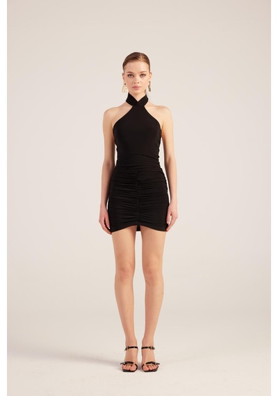 Holly Lolly Halter Yaka Büzgülü Mini Perla Elbise Siyah