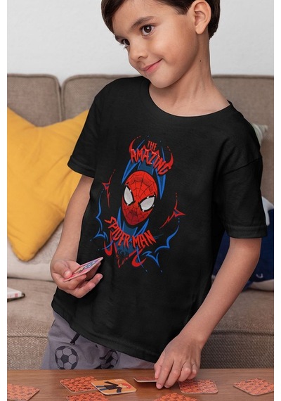 Sevbano Unisex Süper Kahraman Baskılı Örümcek Çizgi Film Çocuk Tişört 1- Siyah