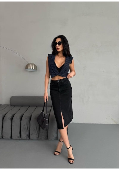 Zeo Basic Yırtmaçlı Midi Boy Likralı Jean Etek Siyah+Füme