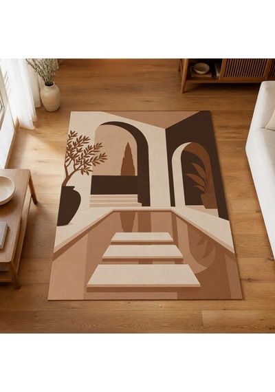 Kartela Halı Avlu Mimari Desenli Modern Halı Bakır Kaymaz Taban Makinede Yıkanabilir 120x180 Cm