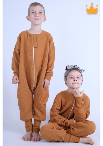 Babyhola Çocuk Mevsimlik Uyku Tulumu 2-8 Yaş 1 Tog 4 Kat Müslin Uzun Kollu Uyku Tulumu Hardal