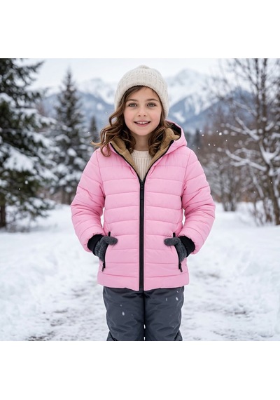 Merdia Kids Kız Çocuk Düz Çizgili Su Ve Rüzgar Geçirmez İçi Kürklü Mont Pembe
