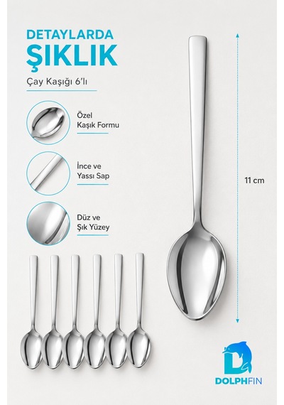 6 Lı Paslanmaz Çelik Çay Kaşığı Seti 11 Cm İnce Yassı Saplı Parlak Metal Kaşık Metalik