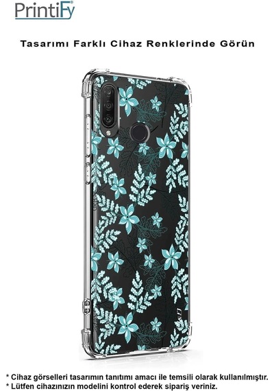 Oppo A94 Uyumlu Köşe Korumalı Floral Su Yeşili Tasarımlı Şeffaf Silikon Kılıf