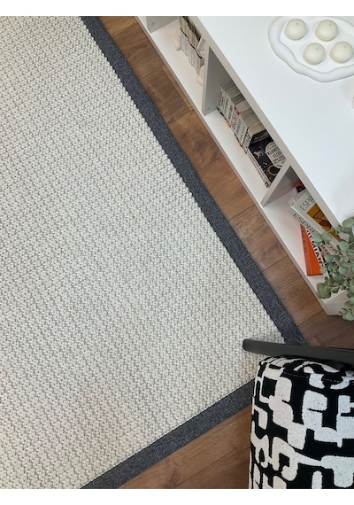 Saraz Halı Kumaş Bordür Bej Bukle Siyah Bordür Halı Salon Koridor Mutfak Çocuk Odası Halısı Kilim S263 Beyaz Gri