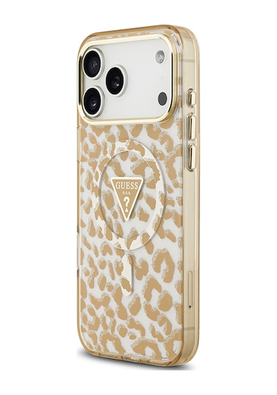 Apple Uyumlu iPhone 17 Pro Max  Kılıf Guess Lisanslı M-safeli Üçgen Logolu Simli Leopar Desenli Kahverengi Kahverengi