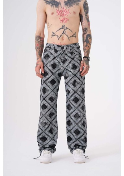 Siyah Baskılı Baggy Jean Pantolon Siyah