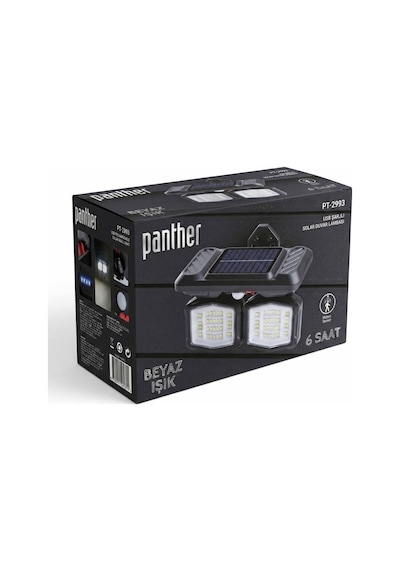 Panther Pt-2993 Sensörlü Solar Led Duvar Lambası - Beyaz Işık Ayarlanabilir Başlıklı Şarjlı Bahçe Aydınlatması