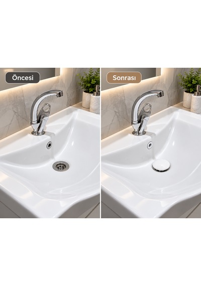 Lavabo Gider Süzgeci Bas Aç Pop-up Sistem Taşma Yüzüklü Dayanıklı Tasarım Beyaz