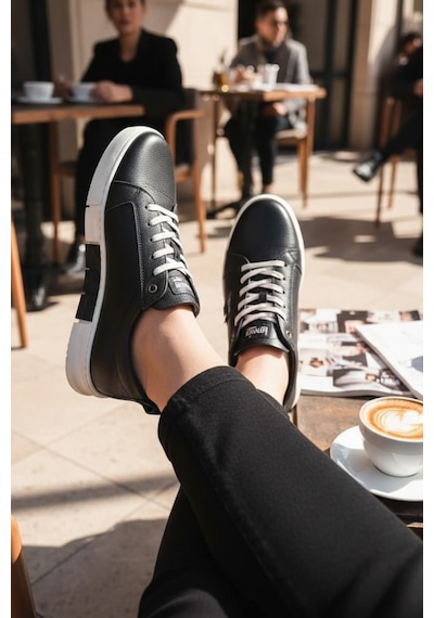 Enoch Hakiki Deri Siyah Bağcıklı Beyaz Tabanlı Erkek Comfort Sneaker Siyah - Beyaz