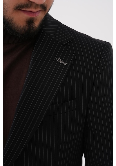 Dupont Classics Dupont Slim Fit Mono Yaka 6 Drop Çift Yırtmaç Çizgili 2'li Takım Elbise Siyah