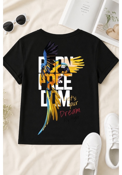 Spoyi Born Freedom Tasarımlı %100 Pamuk Yarım Oversize Siyah T-shirt
