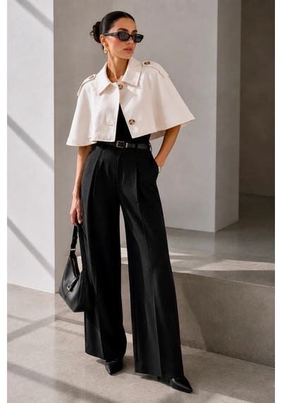 Bb Butik Basic Kadın Premiun Omuz Apoletli Crop Panço Trençkot Fs3434 beyaz