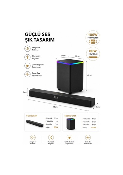 Hepu Hp-tv06 180w 2.1 Ch Kablosuz Subwoofer Soundbar Ev Sinema Sistemi - Bluetooth, Hdmı Arc, Optik
