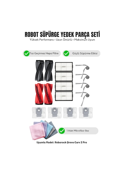 Roborock Qrevo Curv 2 Pro İle Uyumlu 2 Ana Fırça 4 Yan Fırça 4 Filtre 4 Toz Torbası 1 Temizlik Bezi 16.0