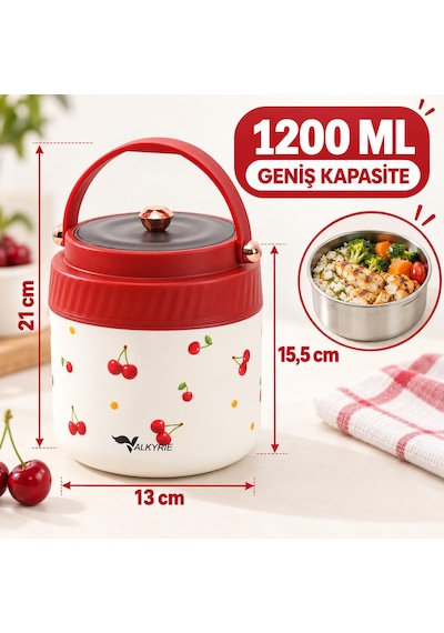 Valkyrie 1200 Ml Yalıtımlı Yemek Termosu Seti Paslanmaz Çelik İç Hazneli Yalıtımlı Taşıma Çantalı Kırmızı