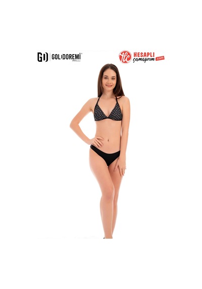 Gd Goldoremi Premium Kadın Desenli Boyundan Bağlamalı Likralı Üçgen Bikini Takım Siyah