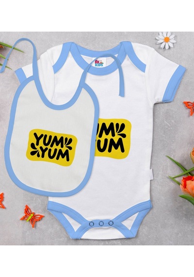 Bk Kids Yum Yum Tasarımlı Mavi Bebek Body Zıbın Ve Mama Önlüğü He Çok Renkli