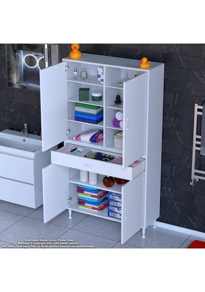 Modilayn Yeni Afra 95 X 173 X 32,5 Cm 1 Çekmece 4 Kapak 7 Raf 10 Bölme Çok Amaçlı Banyo & Mutfak Dolabı Beyaz
