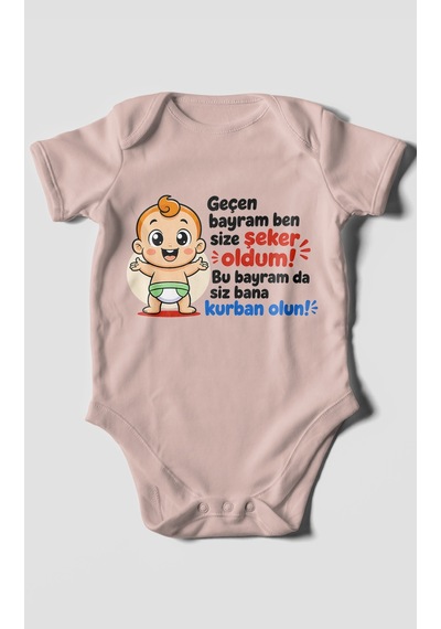 Morivokids Geçen Bayram Ben Yazılı Kısa Kollu Bebek Body %100 Pamuk Pastel Pembe