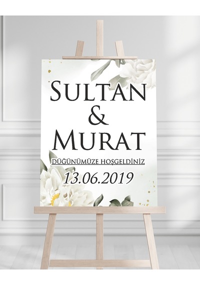 Söz Nişan Düğün İçin 50x70 Karşılama Panosu - Beyaz Çiçek Ve Beyaz Tasarımlı