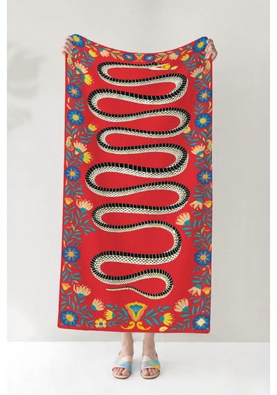 Yılan Figürlü Çiçekli Bohem Plaj Havlusu - Kırmızı Etnik Modern Hızlı Kuruyan Mikrofiber Havlu Örtü Uçuk Zeytin