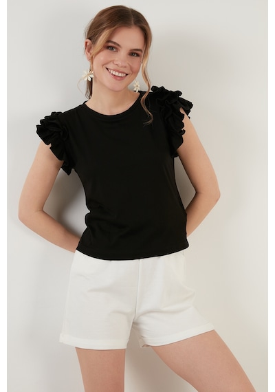 Lela Pamuklu Kolları Fırfırlı Slim Fit Bisiklet Yaka Bayan T Shirt 5864500 Siyah