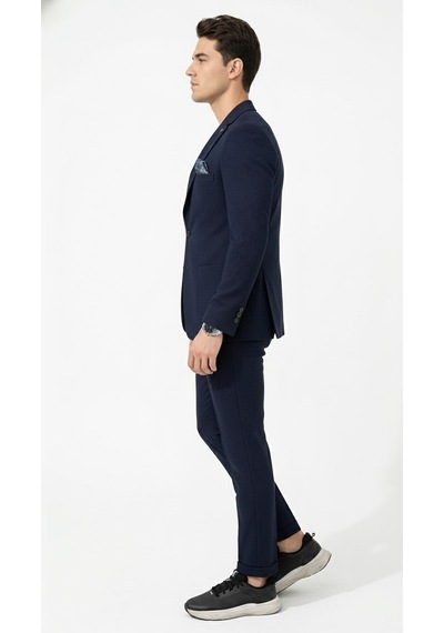 Erkek Yazlık Dokulu Kumaş Tek Düğme Ceketli Jogger Pantolonlu Takım Elbise Slim Fit Spor Şık Kombin Lacivert
