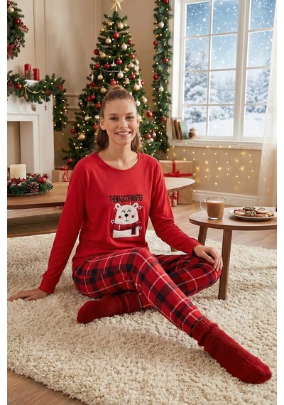 Lela Streç Standart Fit Bisiklet Yaka Desenli Bayan Pijama Takımı 6095700 Kırmızı