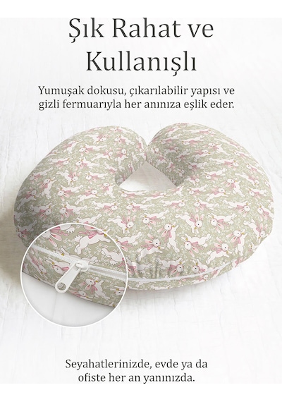 Sevimli Tavşan Desenli Pamuklu Boyun Yastığı - Pastel Yeşil Pembe Çocuk & Yetişkin Seyahat Yastığı Doygun Orman Pas
