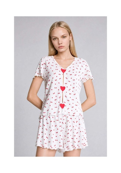 Defacto Regular Fıt Şortlu Kısa Kollu Desenli 2li Ecru Pijama Takımı H6373ax26hser98 Ekru-er98
