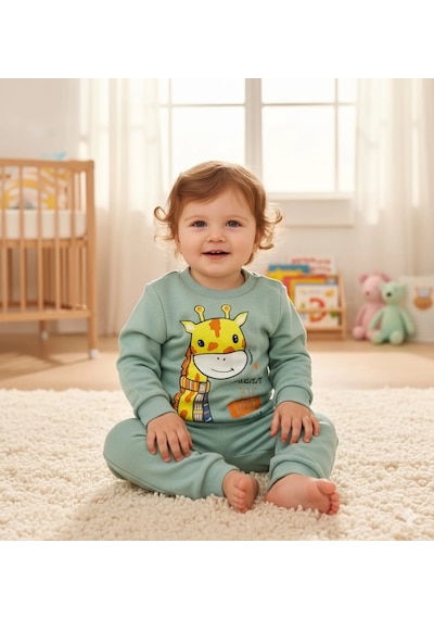 Poppy Trend Kız Bebek Zürafa Baskılı Çıt Çıtlı Alt Üst İkili Gündelik Takım 6-18 Ay Yeşil
