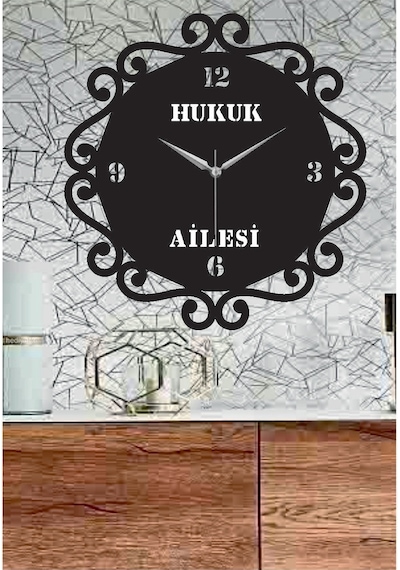 Kişiye Özel Demir Örme Motifli Dekoratif Ahşap Duvar Saati Siyah