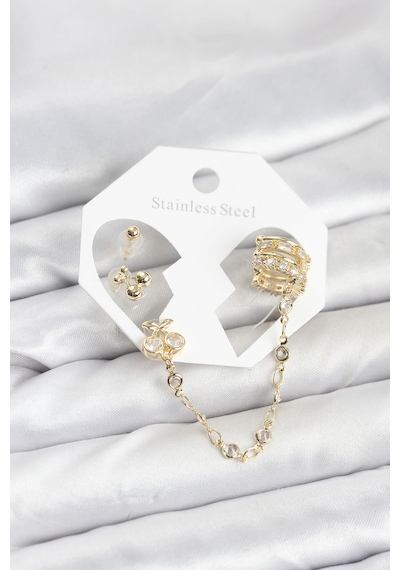 Kiraz Model Pirinç Gold Renk Zincir Bağlantılı Ear Cuff Küpe Seti