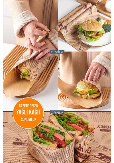 Vintage Desen Sunum Kağıdı 50'li Retro Gazete Görünüm Hamburger Sarma Ve Servis Kağıtları