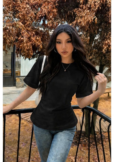 Kadın Bağcıklı Basic Tişört Belden Oturtmalı Şık Ve Modern Tasarım Siyah