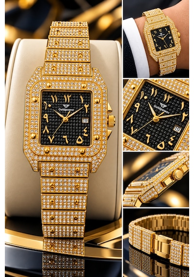 Lüks Taşlı Arapça Rakamlı Takvimli Unisex Kol Saati Gold/içilacivert - 645473413 İki Renk