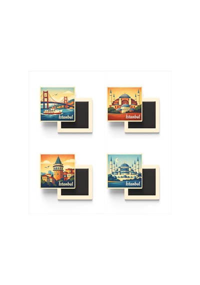 İstanbul - 4'lü Memleket Seti - Baskılı Buzdolap Magneti Kare - 9x9 Cm - 4 Adet