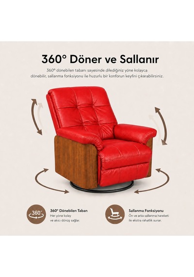 Smarto Relax Miami Elektrikli Masajlı Döner Sallanan Tv Koltuğu Kontrol Panelli Ahşap Yan Panelli Gerçek Deri Baba Koltuğu Kırmızı
