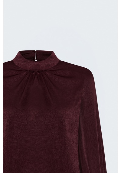 Sateen Uzun Kollu Bluz - Bordo-137849